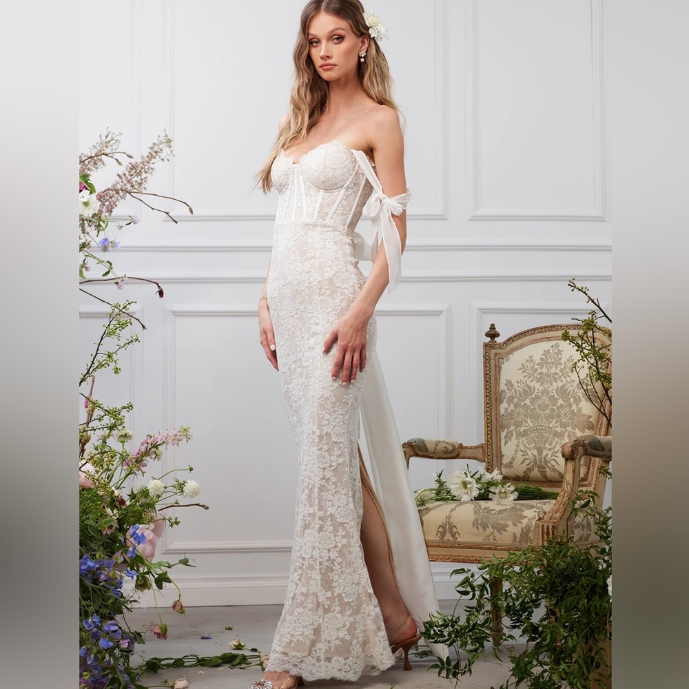 V. Chapman Romanza Bridal Dress in White Chantilly Lace, Mermaid Shape - NWT